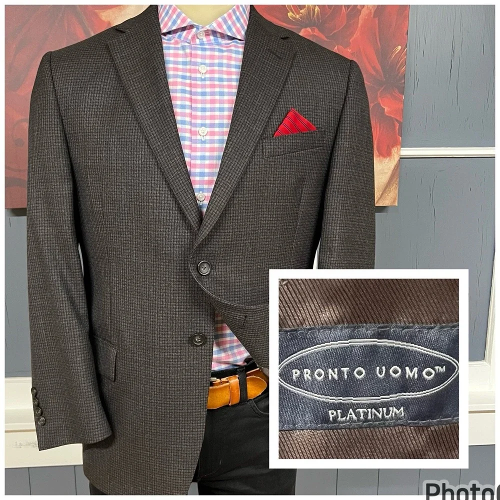 Pronto Uomo Blazer‎ Sport Coat Men 40S Short Executive Fit Wool Brown Check